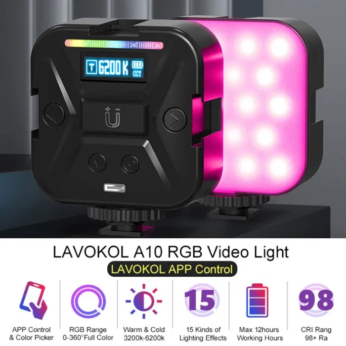 LAVOKOL A10 RGB Light Mini LED Panel Camera Lamp with Smartphone APP - Image 2