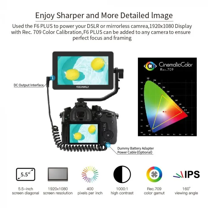 FEELWORLD F6 PLUS 5.5 Inch on Camera DSLR Field Monitor 3D LUT Touch Screen IPS FHD 1920x1080 Video Focus Assist Support 4K HDMI - Image 2