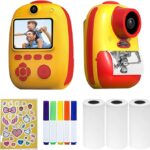D10 Instant Camera Photo Printer 1080P HD Mini Digital Camera for Kids with LED Fill-in Light Print Paper Cartoon Sticker Color Pencils 32G TF Card Support 10 Times Magnification for Boys Girls