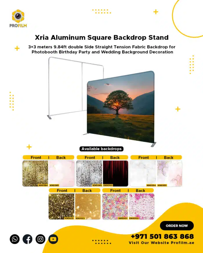 Xria Aluminum Square Backdrop Stand 3x3 meters 9.84ft double Side Straight Tension Fabric Backdrop for Photobooth Birthday Party and Wedding Background Decoration - Image 3