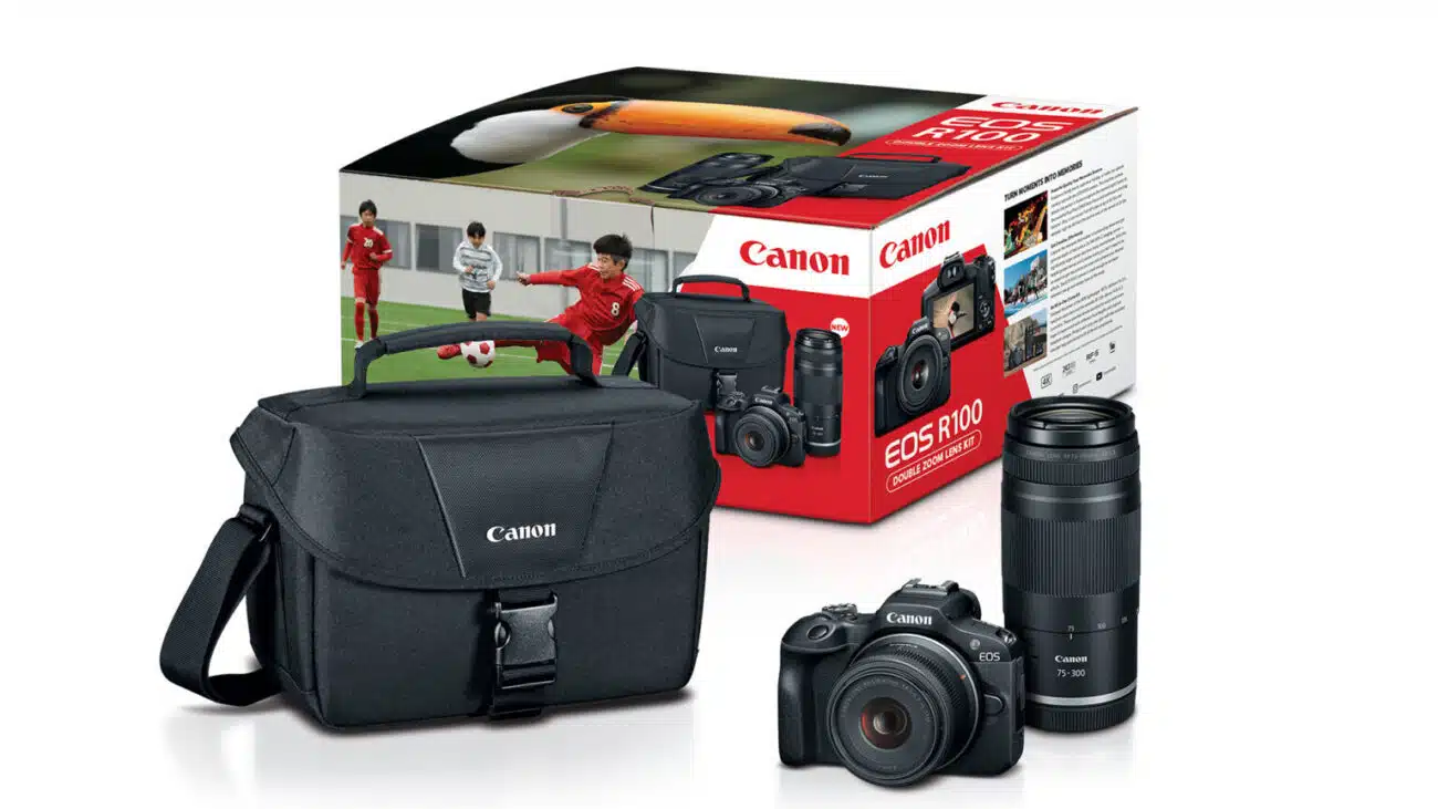 Packaged for entry-level filmmakers and photographers: the Canon EOS R100 paired with the new RF75-300mm F4-5.6 lens. Photo credit: Canon