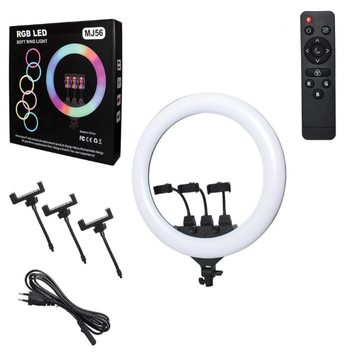 MJ56 22-Inch RGB LED Ring Light with Tripod Stand & 3 Phone Holders, Touch and Remote Control, Adjustable Brightness & Color Temperature for YouTube, Live Streaming, Makeup & Photography - Image 1