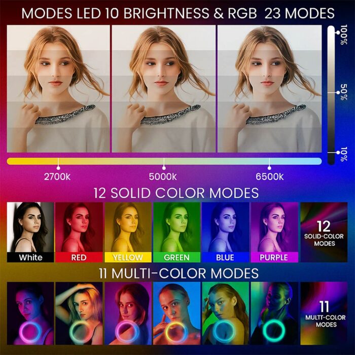 MJ45 18-Inch RGB LED Ring Light with Tripod Stand & Phone Holder, Touch and Remote Control, Adjustable Brightness & Color Temperature for YouTube, Live Streaming, Makeup & Photography - Image 2