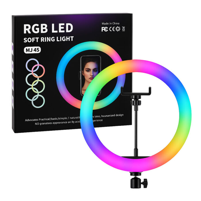 MJ45 18-Inch RGB LED Ring Light with Tripod Stand & Phone Holder, Touch and Remote Control, Adjustable Brightness & Color Temperature for YouTube, Live Streaming, Makeup & Photography - Image 1