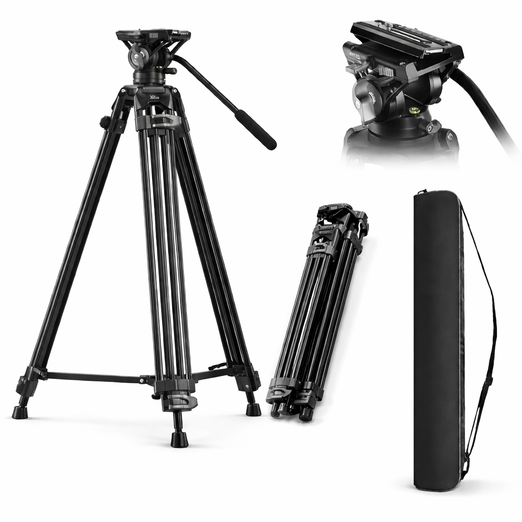 main XRIA DV-01 Professional Video Tripod 190 cm Heavy-Duty Aluminum with 360° Fluid Head, 10 kg Payload, Quick Release Plate for DSLR, Mirrorless, Camcorder & Filmmaking - Image 1